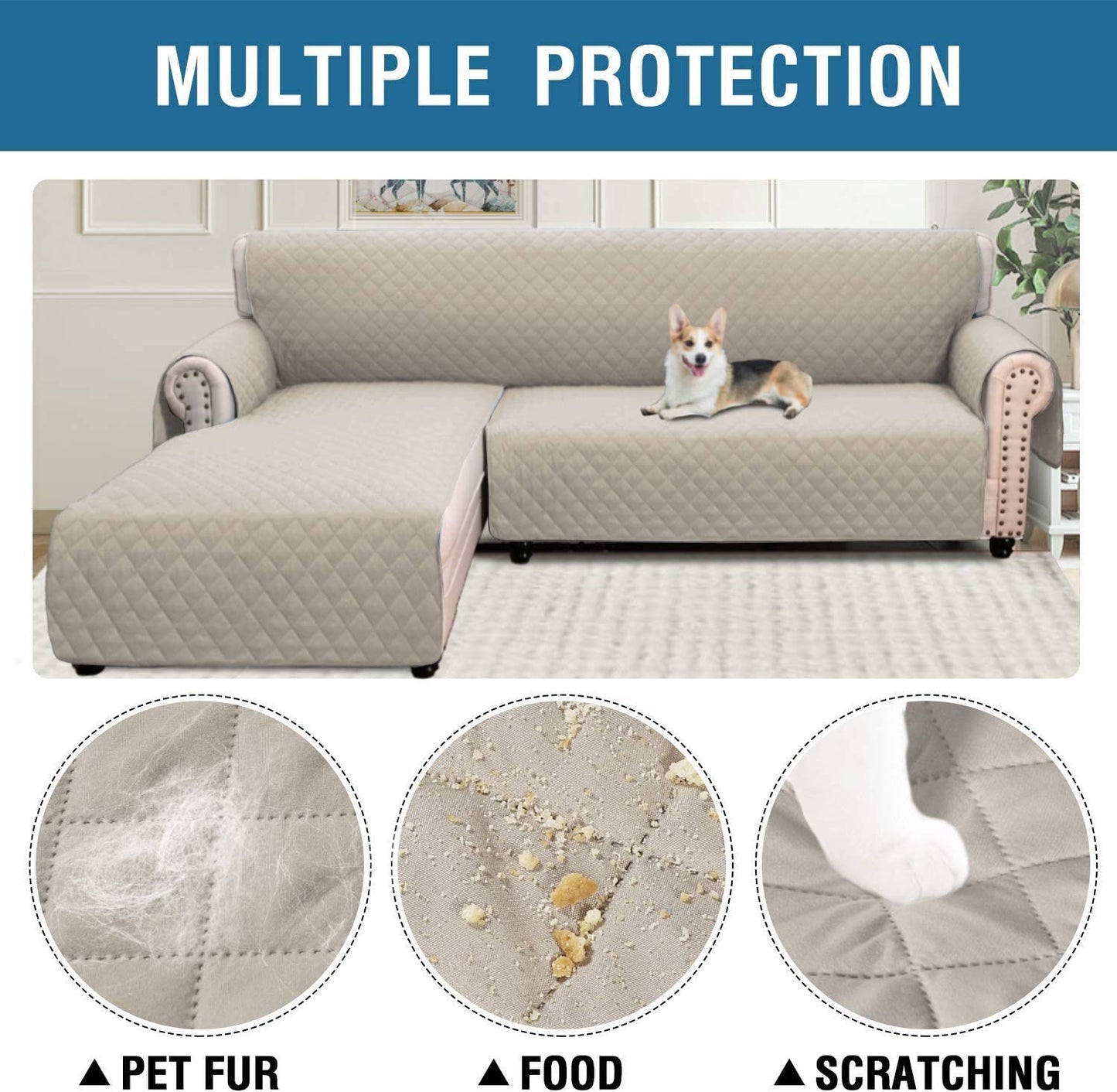 LINFKY Sofa Covers L Shape Couch Covers for Reversible Sectional Sofa Chaise Lounge Sofa Cover Slipcovers Furniture Protector for Dogs Pets, Non Slip with Straps (Grey,Large)