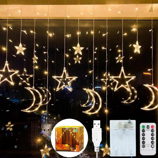 Mtanvxay Tiokkss 3.5M Decorative Starry String Curtain Ramadan Lights Moons and Stars LED Night Light for Ramadan Home Decoration Party, USB and Battery Box Powered (Warm White)