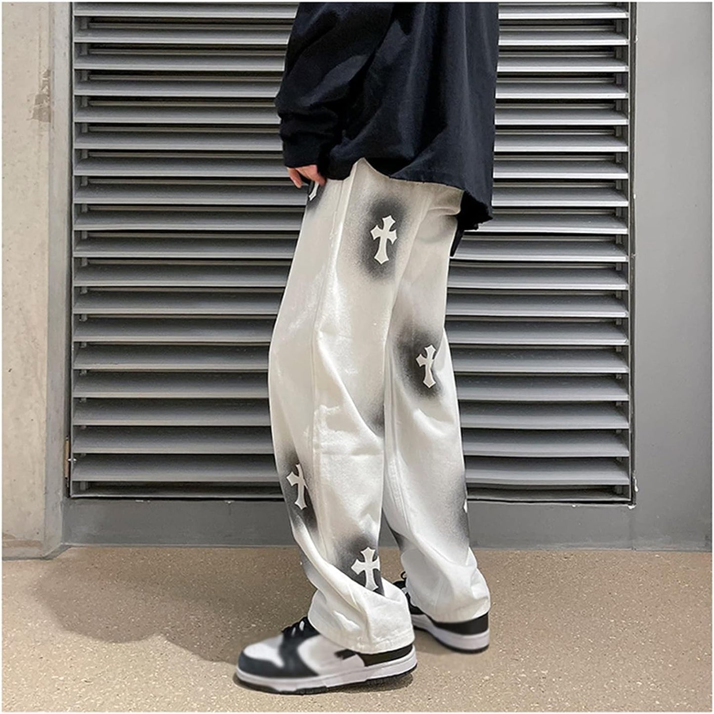 Men Jeans Baggy Straight Relaxed Cargo Work Pants With Pockets, Men's Loose Hip-hop Printed Baggy Denim Jeans