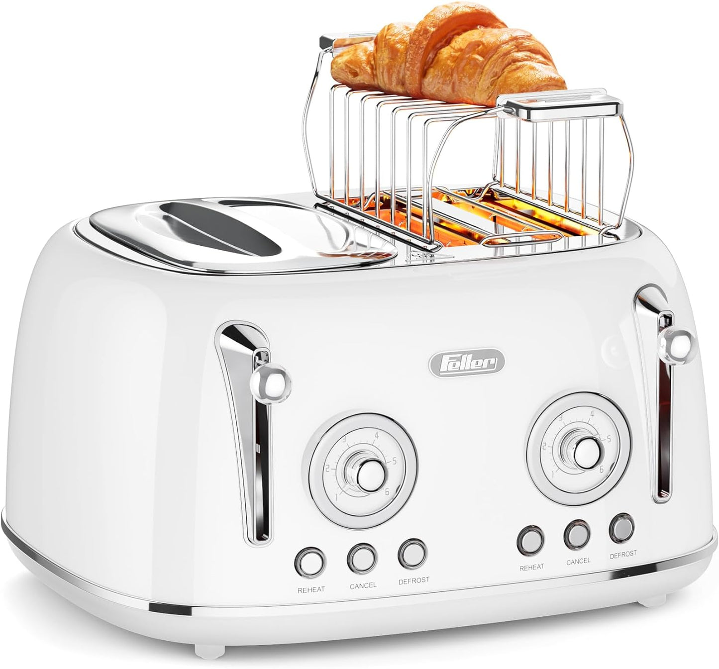 Feller Germany, Retro Style 4-Slice Toaster, 1630 W, Steel Body, 2 Dust Covers & 2 Bun Warmers, Defrost, Reheat, & Cancel Function, 4 Extra wide Bread Slots, Removable Crumb Tray, TO490 (Glossy Black)