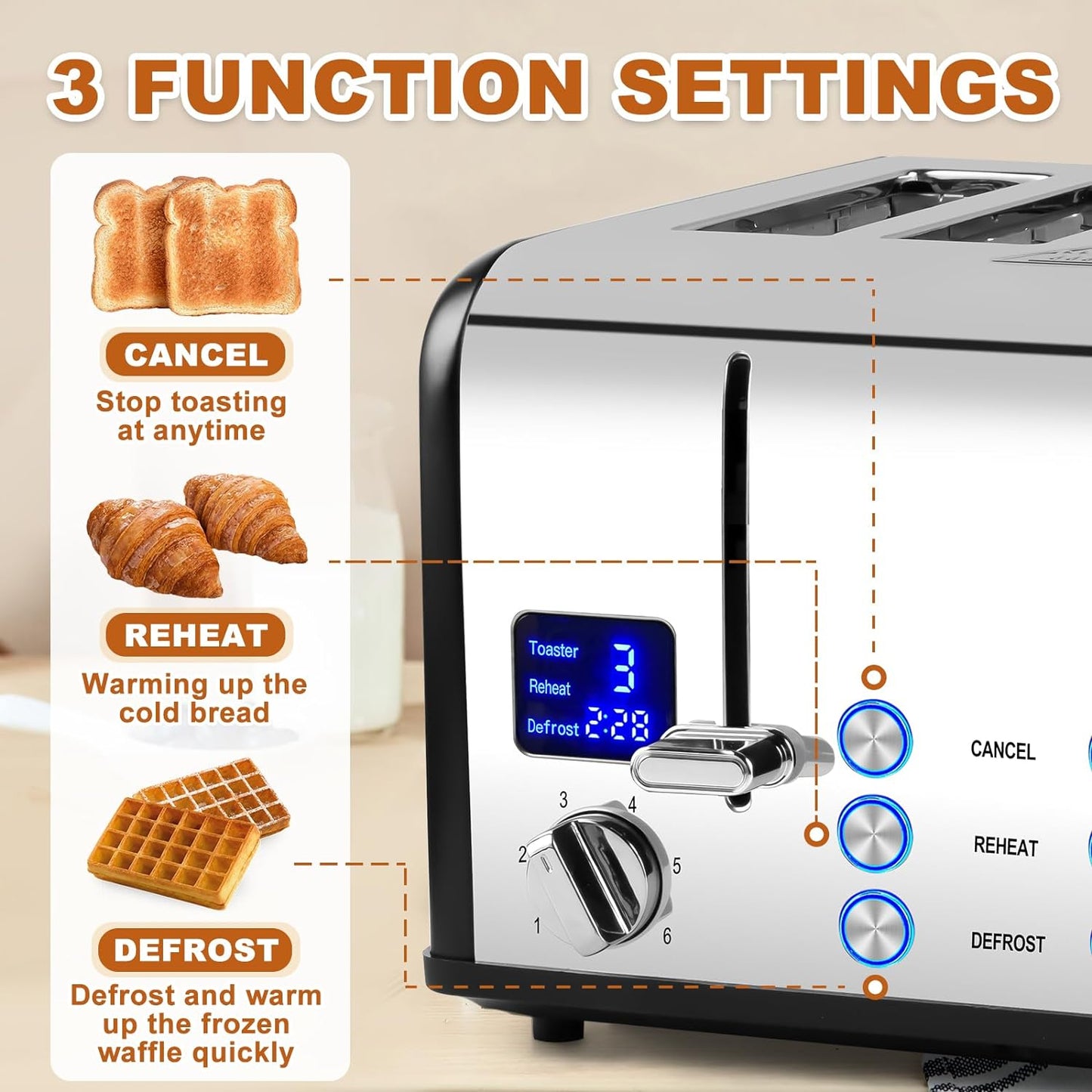 CUSIMAX 4 Slice Toaster LED Display Bread Toaster with Dual Control Panels of Timer, Extra Wide Slots and 6 Browning Settings, Cancel/Reheat/Defrost Function, Removable Crumb Trays, Silver