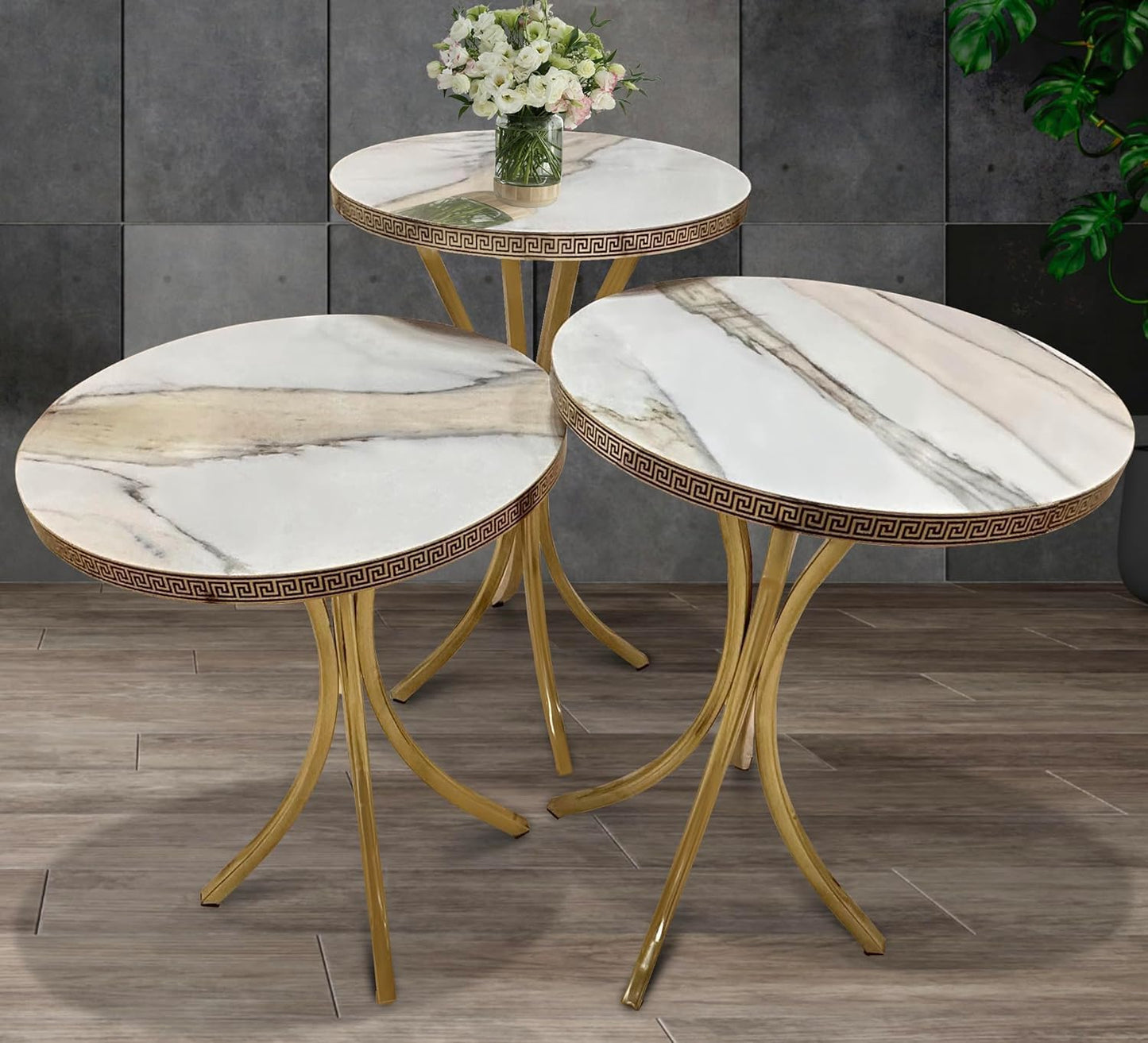 LHFHOMT- Round Coffee table set Nesting Coffee Table Set of 3 Pieces, Wooden Top, Gold Metal legs End Table Desk for Living Room, Balcony, Office, Sofa Side (White - Black Lines)