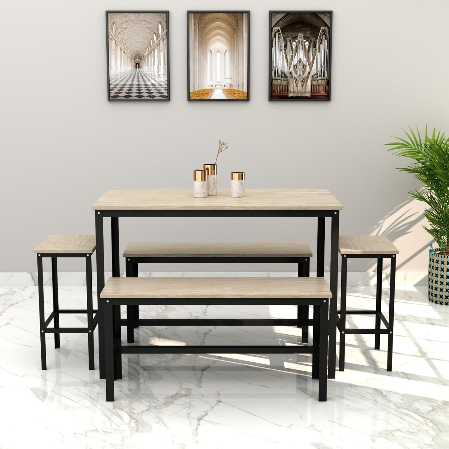 RIGID Wooden Dining Room Set, Durable Steel Frame, Industrial Design for Kitchen, Dining Room, Living Room Furniture (Wooden Desk and Bench Set)