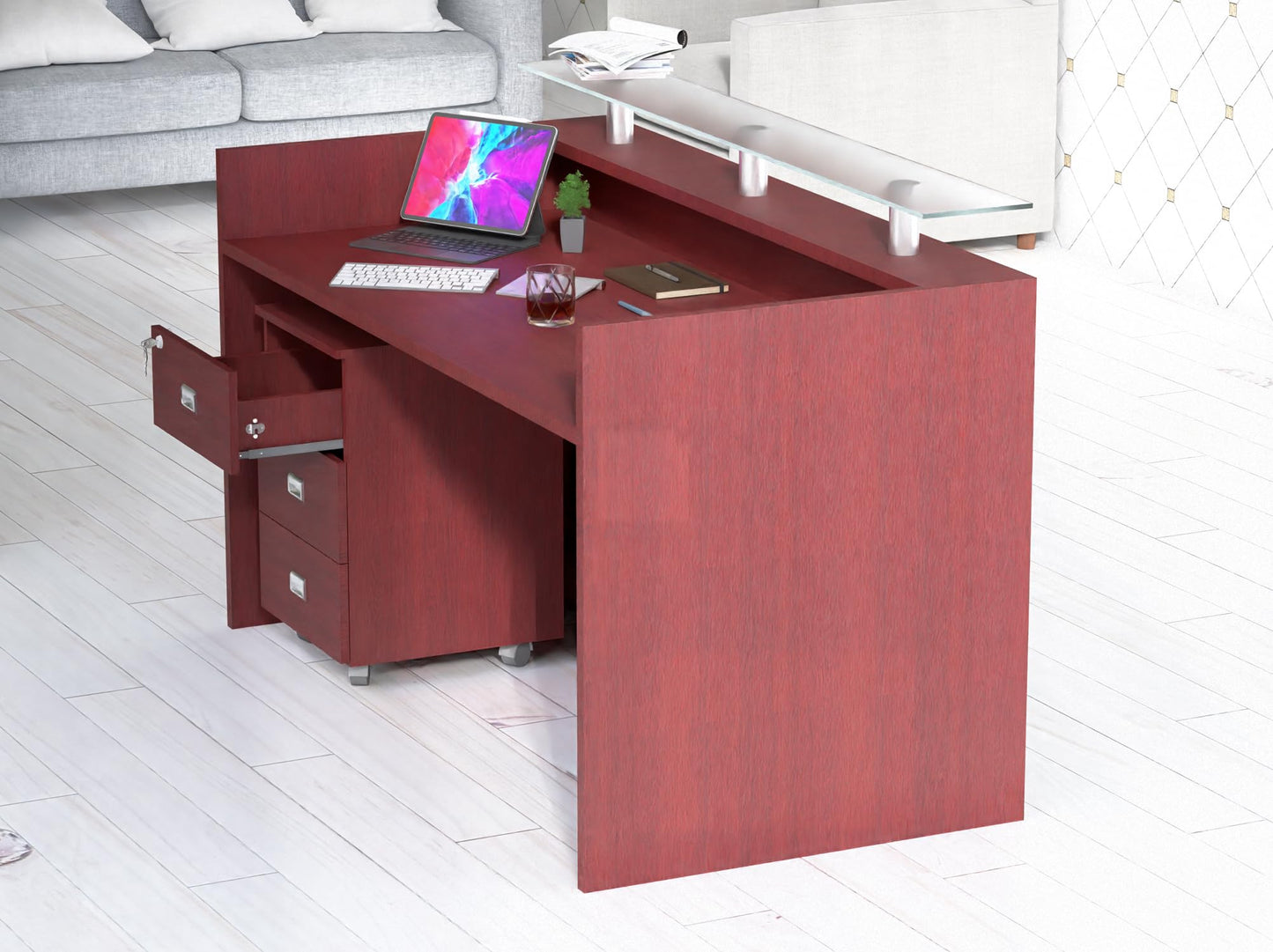 Mahmayi REC-2 Designer Reception Desk For Office Space, Front Office Desk (White-Coco Bolo)