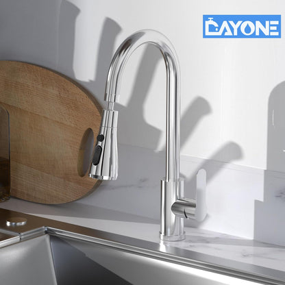 DAYONE Chrome Kitchen Faucet with Pull Down Sprayer, Single Handle Kitchen Mixer with 3 Water Modes Stainless Steel Kitchen Taps