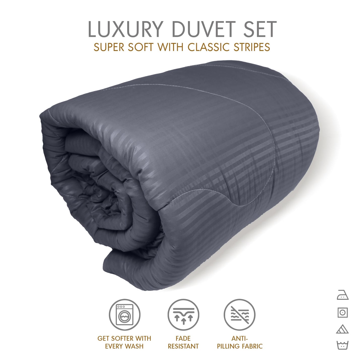 Hotel Linen Klub Down Alternative Comforter Set -Ultra Soft Brushed Stripe Microfiber Fabric, 200GSM Soft Fibersheet Filling, Size : King 240 x 260cm, Color: Dark Grey