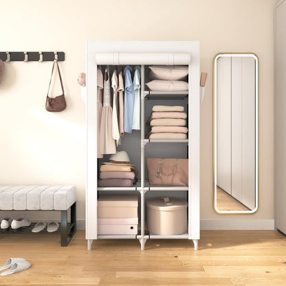 ROJASOP Portable Closet Wardrobe Closet for Hanging Clothes with 6 Storage Shelves, 1 Hanging Rod and 4 Pockets, Free Standing Closet Clothes Organizer for Bedroom, Sturdy and Easy Assemble