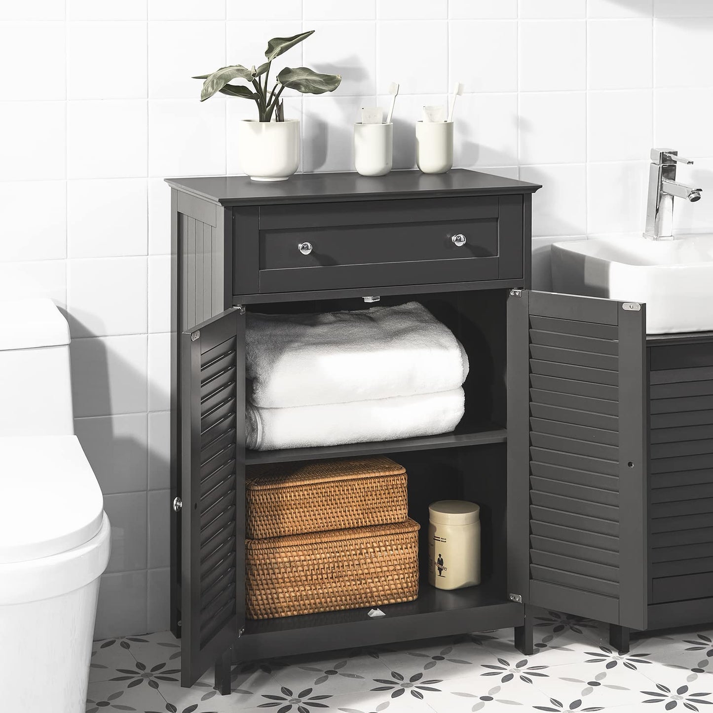 SoBuy FRG238-W Bathroom Storage Cabinet,Floor Cabinet Cupboard Sideboard with Drawer and Doors