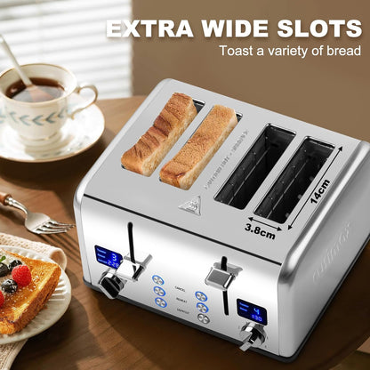 CUSIMAX 4 Slice Toaster LED Display Bread Toaster with Dual Control Panels of Timer, Extra Wide Slots and 6 Browning Settings, Cancel/Reheat/Defrost Function, Removable Crumb Trays, Silver