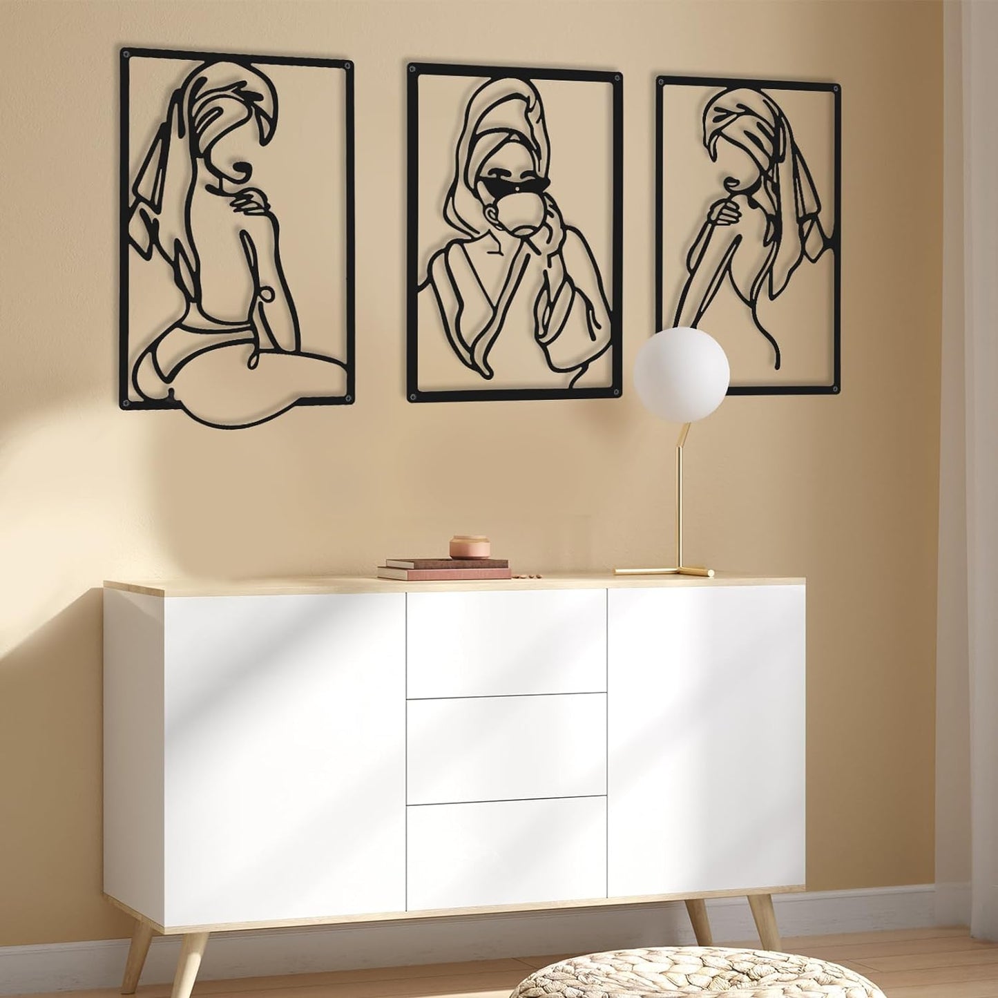 CHENGU 3 Pieces Metal Minimalist Abstract Woman Wall Art Line Drawing Wall Art Decor Single Line Female Home Hanging Wall Art Decor for Kitchen Bathroom Living Room (Black, Hand)