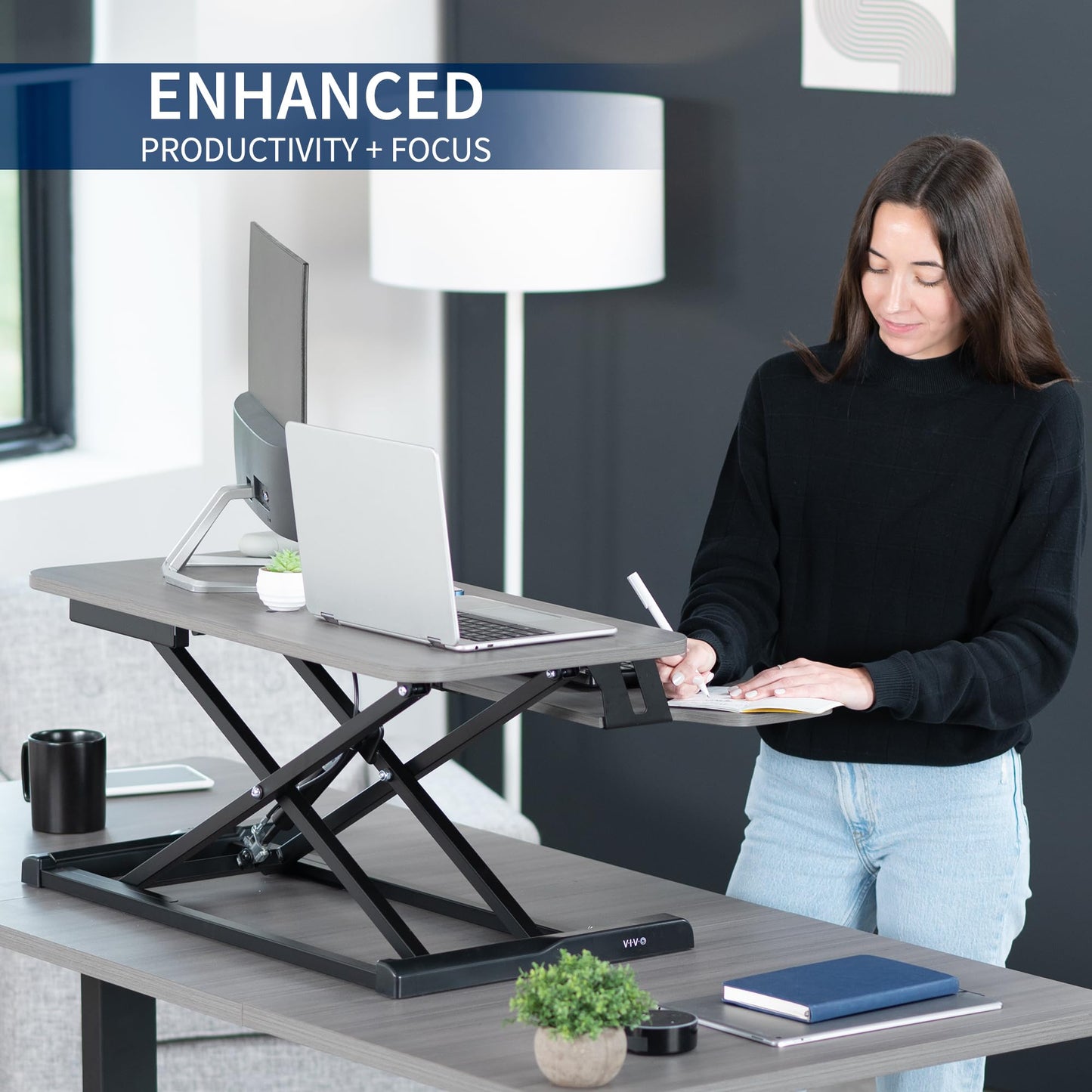 VIVO 32 inch Desk Converter, K Series, Height Adjustable Sit to Stand Riser, Dual Monitor and Laptop Workstation with Wide Keyboard Tray, Gray Top, Black Frame, DESK-V000KG