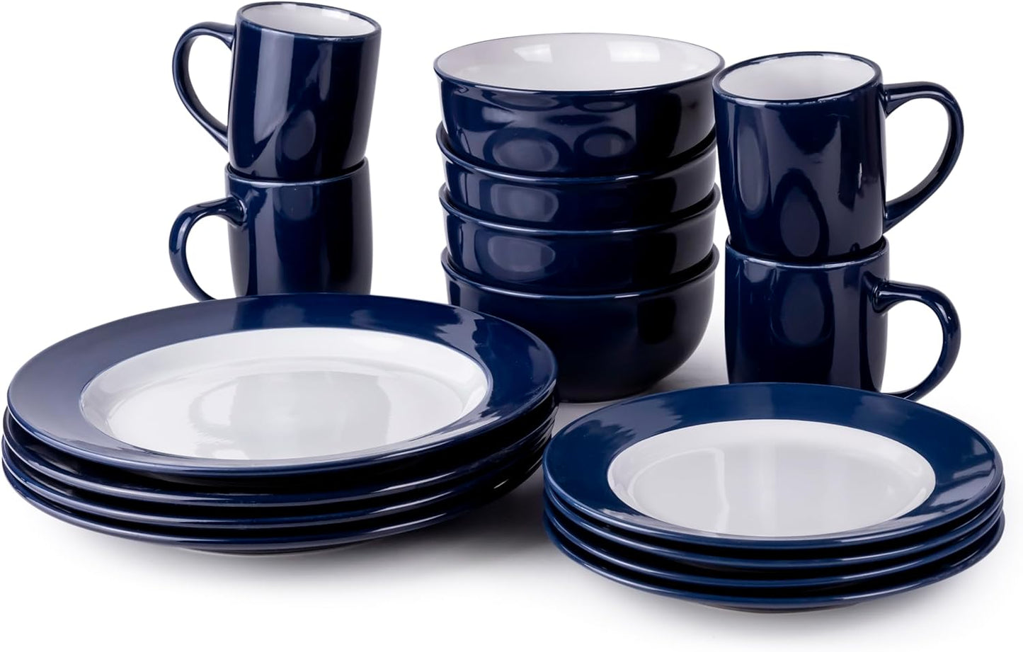 Bone China 16-Pieces Stoneware Dinnerware Set, Dinner Set, Kitchen Dinnerware Ceramic Crockery Set, Dinner Service Set for 4, 26cm Dinner Plate, 20cm Plate, Cereal Bowl, Mug CIRCLE BLUE