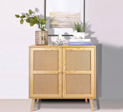 Sideboard Buffet Cabinet with Rattan Door, Accent Storage Cabinet Natural Rattan Mid Century Modern Dresser Cupboard Console Table Wood Bar Cabinet for Living Room Kitchen Pantry Dining Room Entryway