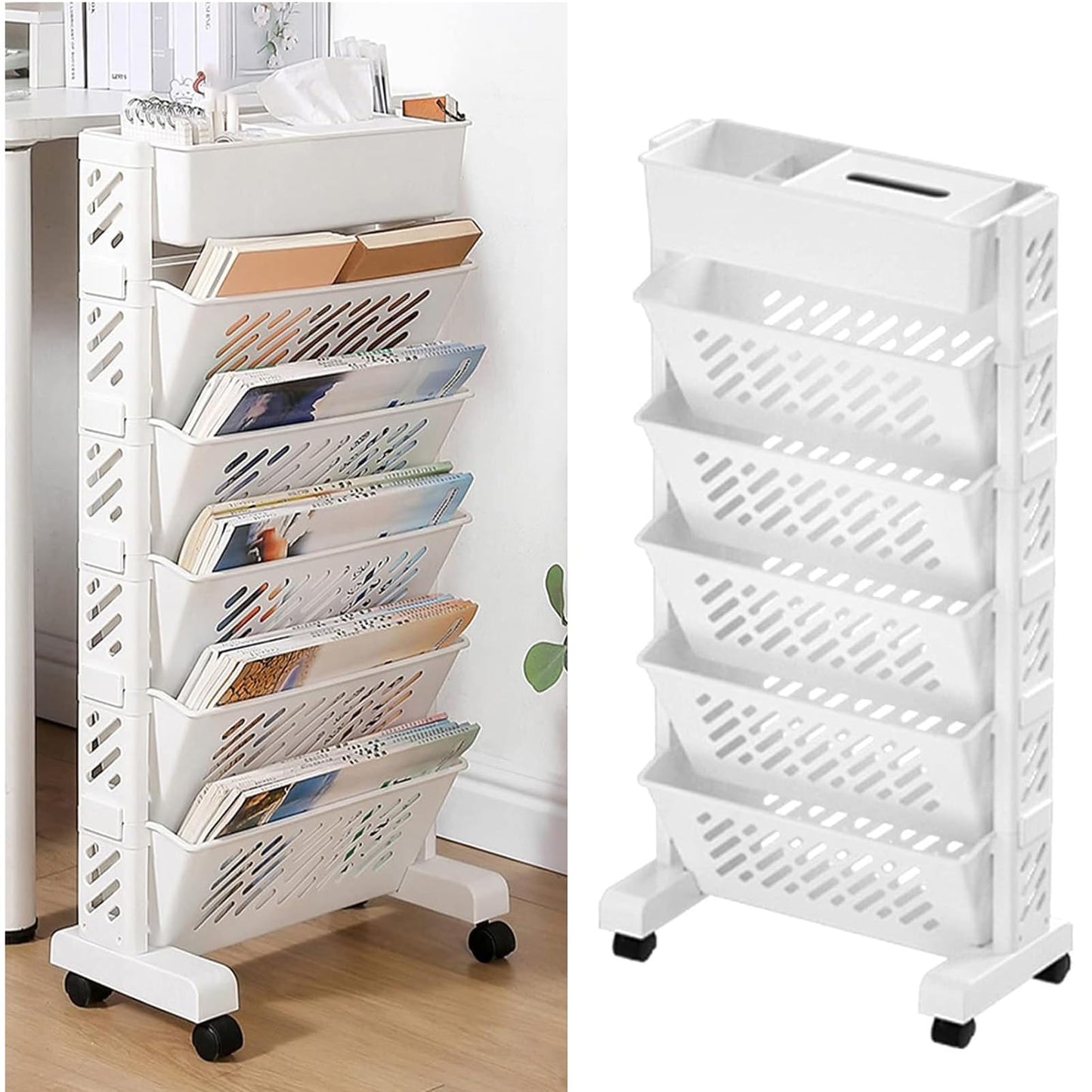 U-HOOME 5 Tiers Movable Bookshelf Cart with Wheels, Removable Unique Bookcase, Utility Organizer Book Rack with Wheels for Kids Children Students Study in Bedroom Living Room Home School (White 1)