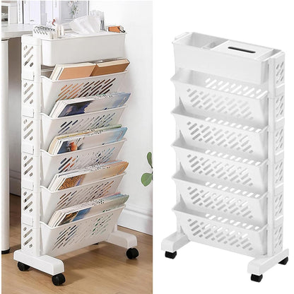 U-HOOME 5 Tiers Movable Bookshelf Cart with Wheels, Removable Unique Bookcase, Utility Organizer Book Rack with Wheels for Kids Children Students Study in Bedroom Living Room Home School (White 1)