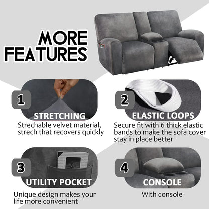 ULTICOR Reclining Loveseat with Middle Console Slipcover, 8-Piece Velvet Stretch Loveseat Reclining Sofa Covers, 2 seat Loveseat Recliner Cover, Thick, Soft, Washable, Loveseat Slipcovers (Dark Grey)