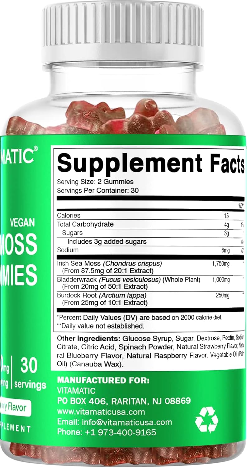 Vitamatic Irish Sea Moss Gummies - 3000 mg - 60 Vegan Gummies - Made with Bladderwrack & Burdock Root - Seamoss Supplement for Thyroid, Energy, Immune Support (60 Gummies (Pack of 1))