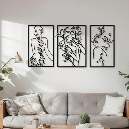 CHENGU 3 Pieces Metal Minimalist Abstract Woman Wall Art Line Drawing Wall Art Decor Single Line Female Home Hanging Wall Art Decor for Kitchen Bathroom Living Room (Black, Hand)