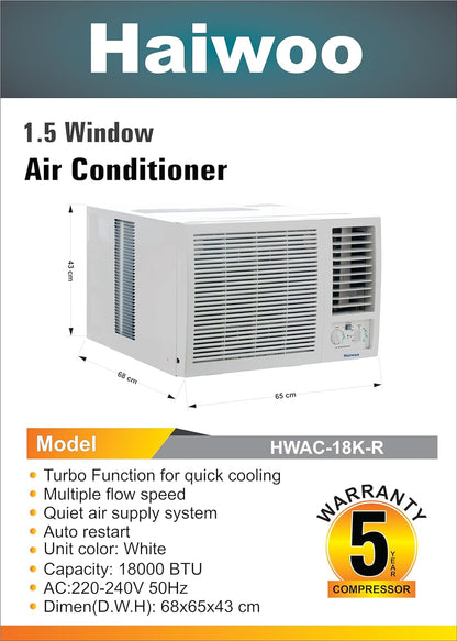 Haiwoo Window Air Conditioner HWAC-18K-R, Golden Fin Capacity: 18000 Btu 1.5 Ton T3 Highly Efficient Tropical Compressor, D68 x W65 x H43 Cm White