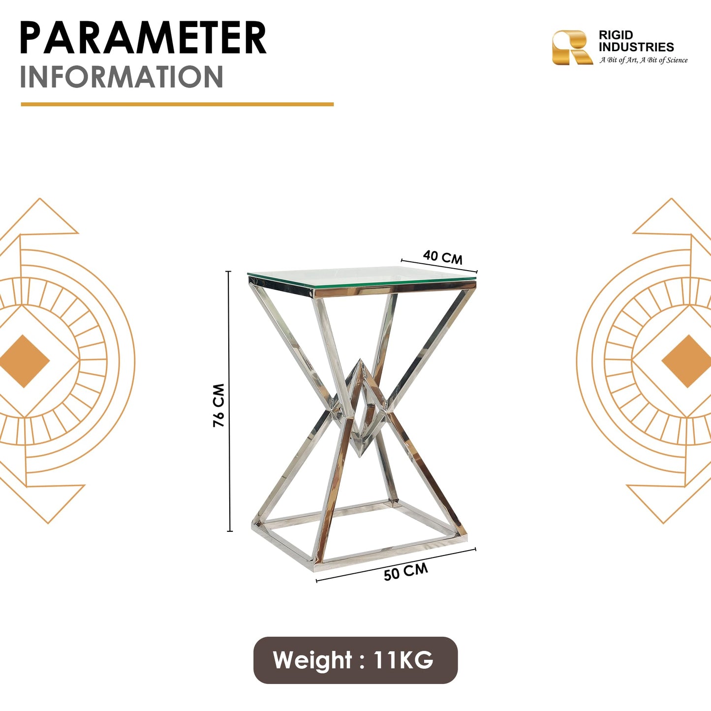 RIGID Console Table | Corner End Table with Stainless Steel Frame and Glass Top for Living Room, Office