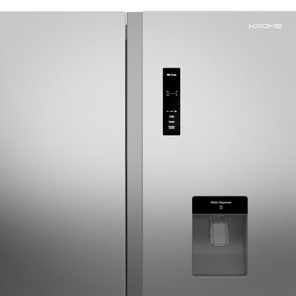 KROME 600L Gross, Side By Side Refrigerator with Multi Air Flow System, Electronic Touch Temperature Control, Door Alarm, No Frost Cooling System, 10 Year Compressor Warranty, Silver- KR-SBS601SM