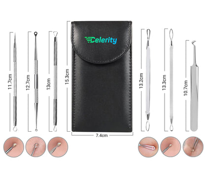 Celerity 06 Piece Professional Stainless steel Tweezer kit With Leather Case |Blackheads Pimple Acne Remover Plus Comedone Extractor tweezers Eyebrow Facial Hairs for Women and Men Beauty