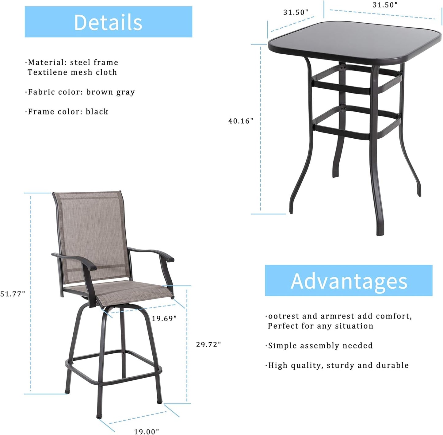 Shintenchi 3 Pieces Patio Swivel Bar Set, All Weather Textile Fabric Outdoor High Bar Stool Bistro Set with 2 Bar Chairs and Glass Table for Home, Backyard, Garden, Lawn, Porch (Brown)