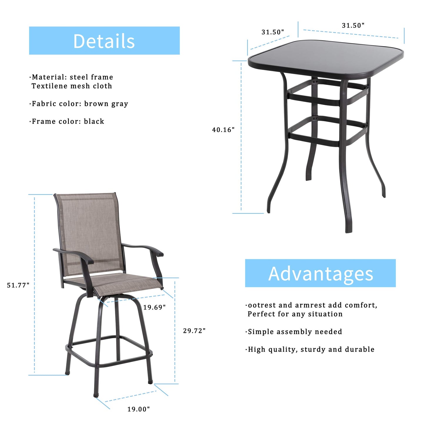 Shintenchi 3 Pieces Patio Swivel Bar Set, All Weather Textile Fabric Outdoor High Bar Stool Bistro Set with 2 Bar Chairs and Glass Table for Home, Backyard, Garden, Lawn, Porch (Brown)