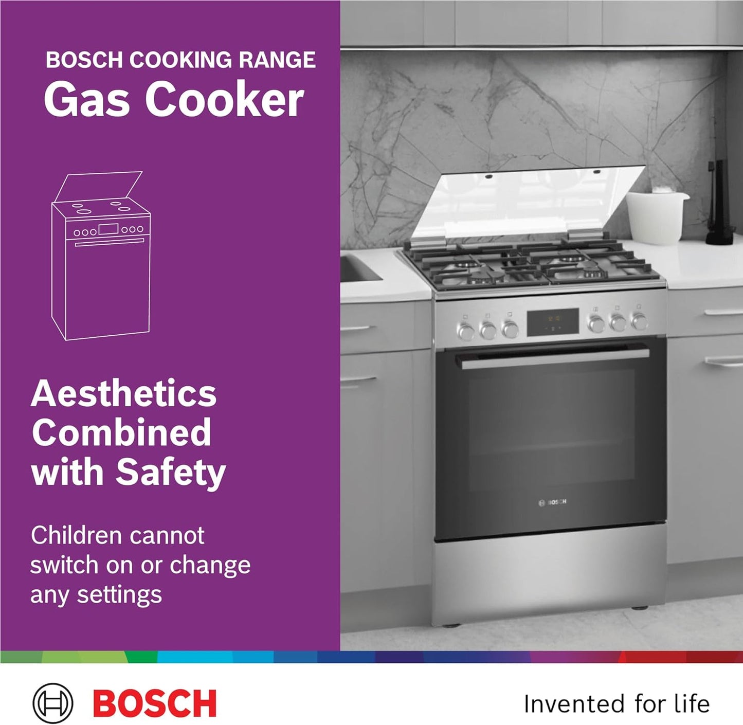 Bosch Free Standing Cooker, Gas Cooker 53.7 kg, Stainless Steel Gas Range Cooker, German Engineering Cooking Range HXQ38AE50M