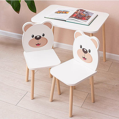 3-Piece Kids Wooden Table and Chair Set – White Play Table with 2 Chairs for Toddlers and Children – Ideal Study Table and Chair Set for Boys and Girls, Nursery Furniture (3, cat+bear)