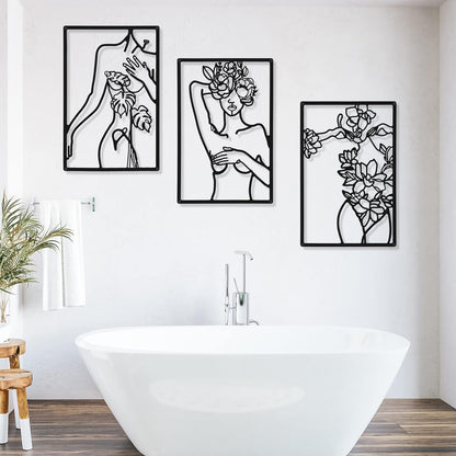 CHENGU 3 Pieces Metal Minimalist Abstract Woman Wall Art Line Drawing Wall Art Decor Single Line Female Home Hanging Wall Art Decor for Kitchen Bathroom Living Room (Black, Hand)