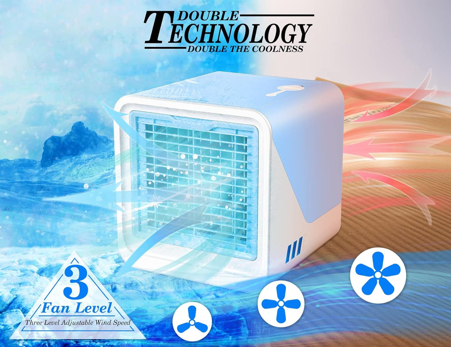 Portable Air Conditioner, Personal Mini Air Cooler with 3 Speeds 7 Colors, 3 IN 1 USB Evaporative Air Cooler Desktop Cooling Fan with Large Water Tank for Home Room Office