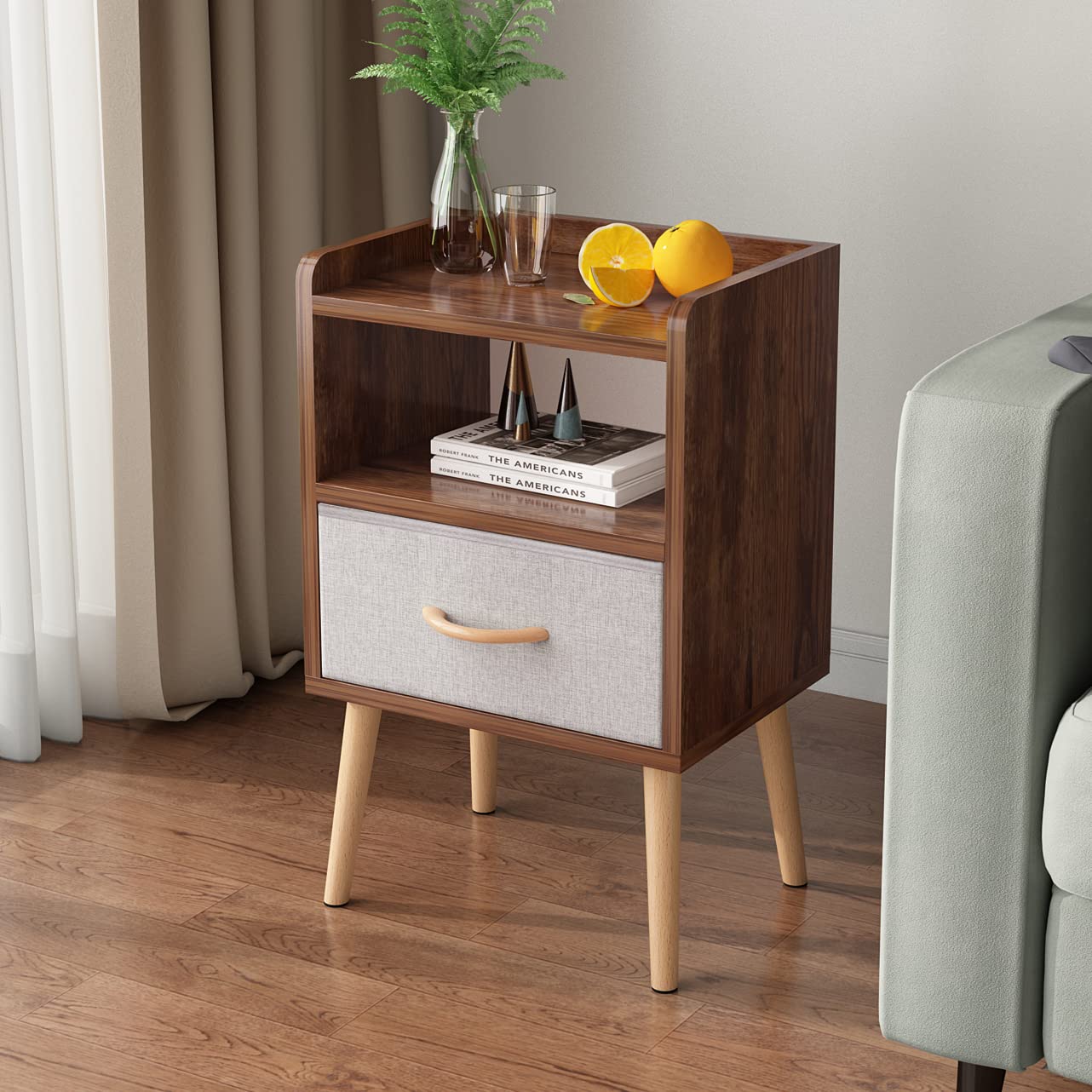 LUCKNOCK NightStand with Fabric Drawer, Bedside Table with Solid Wood Legs, Minimalist and Practical End Side Table with Open Storage Shelf for Bedroom, White.