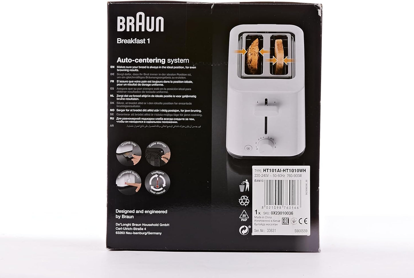 Braun Breakfast - Toaster HT 1010 WH, 2 slots, 8 Browning settings, Bun warmer, 900 Watts, White."Min 1 year manufacturer warranty"