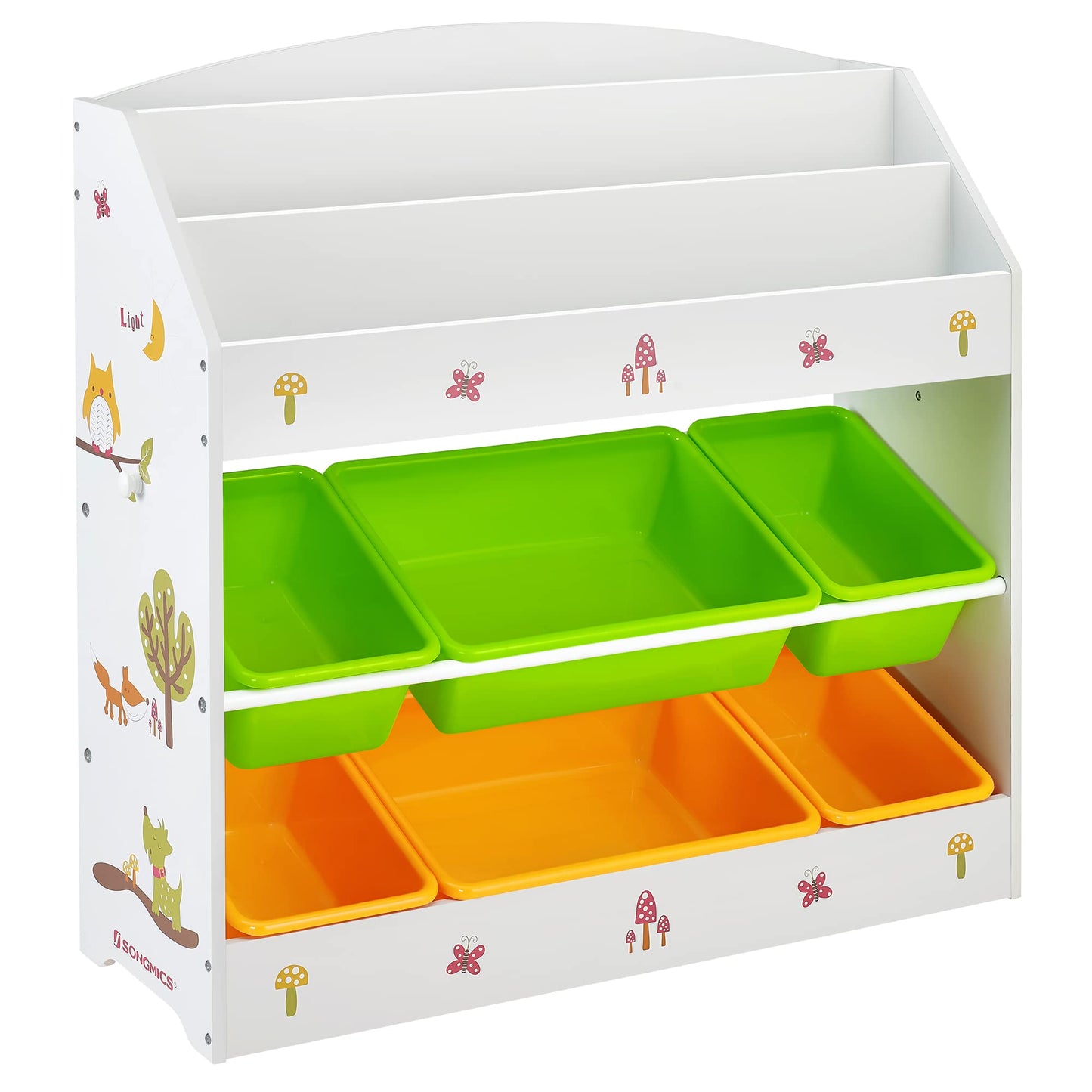 SONGMCIS Toy And Book Organiser For Children, With 3-Tier Bookshelf And 6 Removable Bins, Wooden Storage Unit And Rack For Playroom, Kid’S Room, Nursery, White, Green, Orange, 83 x 29.5 x 85.2 cm