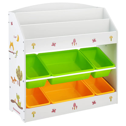 SONGMCIS Toy And Book Organiser For Children, With 3-Tier Bookshelf And 6 Removable Bins, Wooden Storage Unit And Rack For Playroom, Kid’S Room, Nursery, White, Green, Orange, 83 x 29.5 x 85.2 cm