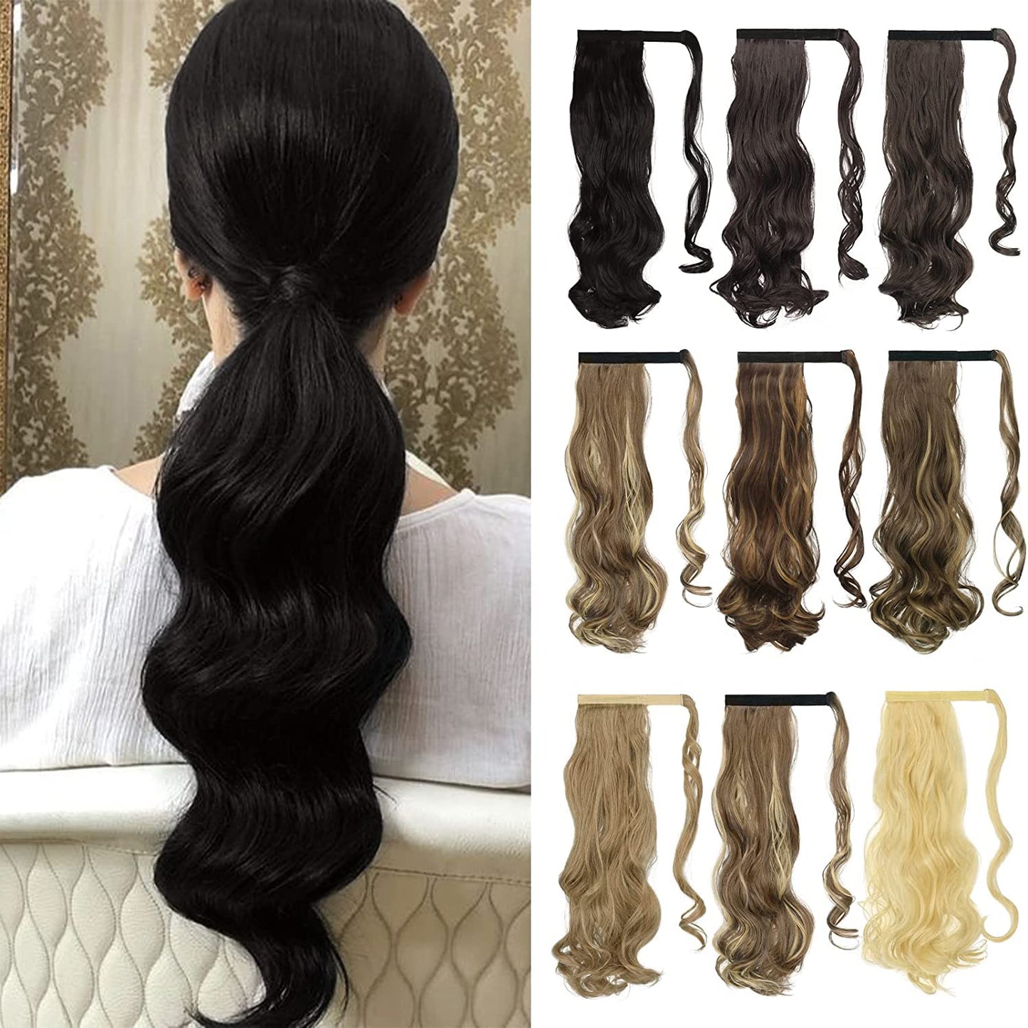 Long Straight Ponytail Extension Wrap Around Off Black Synthetic Hair Extensions One Piece Hairpiece Pony Tail Extension for Women (STRAIGHT, 1B)