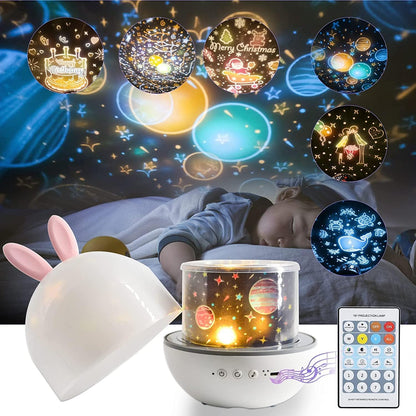 XBLDS Starry sky projector lamp kids, LED music night light lamp sleep aid child, 6 projection movies, 360° Rotatable, Built-in 8 songs USB charging gifts for kids room decoration (Deer)