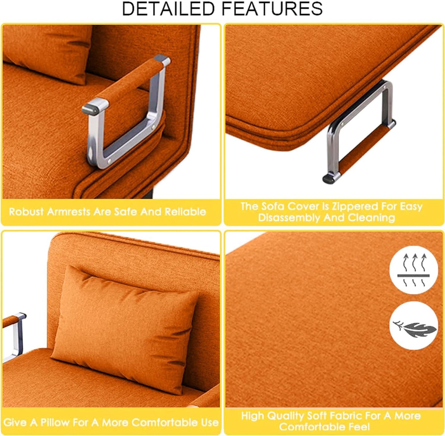 Convertible Chair Bed, Tri-Fold Sofa Bed with Adjustable Backrest & Pillow, Leisure Chaise Lounge Couch with Sturdy Steel Frame for Home & Office, Comfortable Sleeper Chair (65 * 190cm) (Orange)