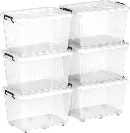 Cosmoplast 55L Clear Plastic Storage Box with Wheels & Lockable Lid Set of 6