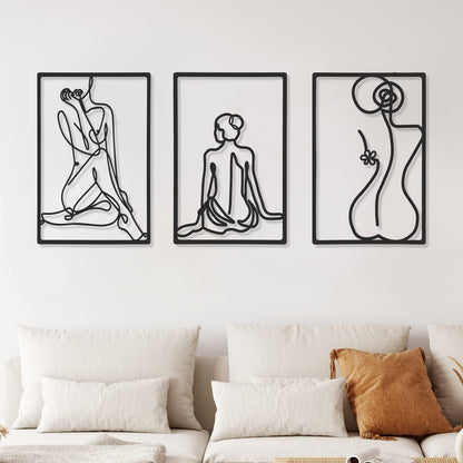 CHENGU 3 Pieces Metal Minimalist Abstract Woman Wall Art Line Drawing Wall Art Decor Single Line Female Home Hanging Wall Art Decor for Kitchen Bathroom Living Room (Black, Hand)