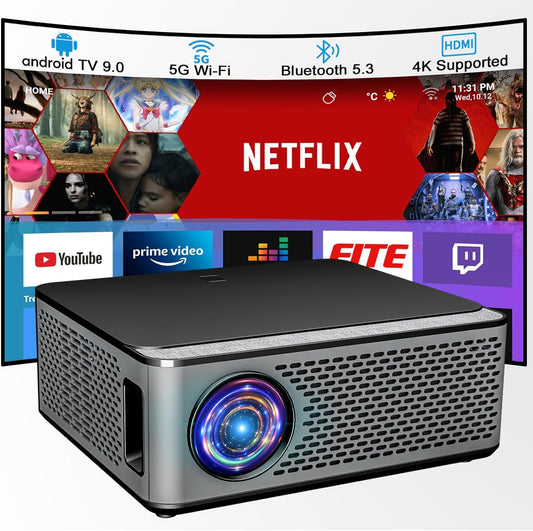 GINCSRI Projector【Android System】with 5G WiFi and Bluetooth 5.3, 4K Supported Native 1080P Full HD Video Projector,600ANSI Movie Projector,Max 300”,HDMI, USB, Zoom, 4D Keystone Correction