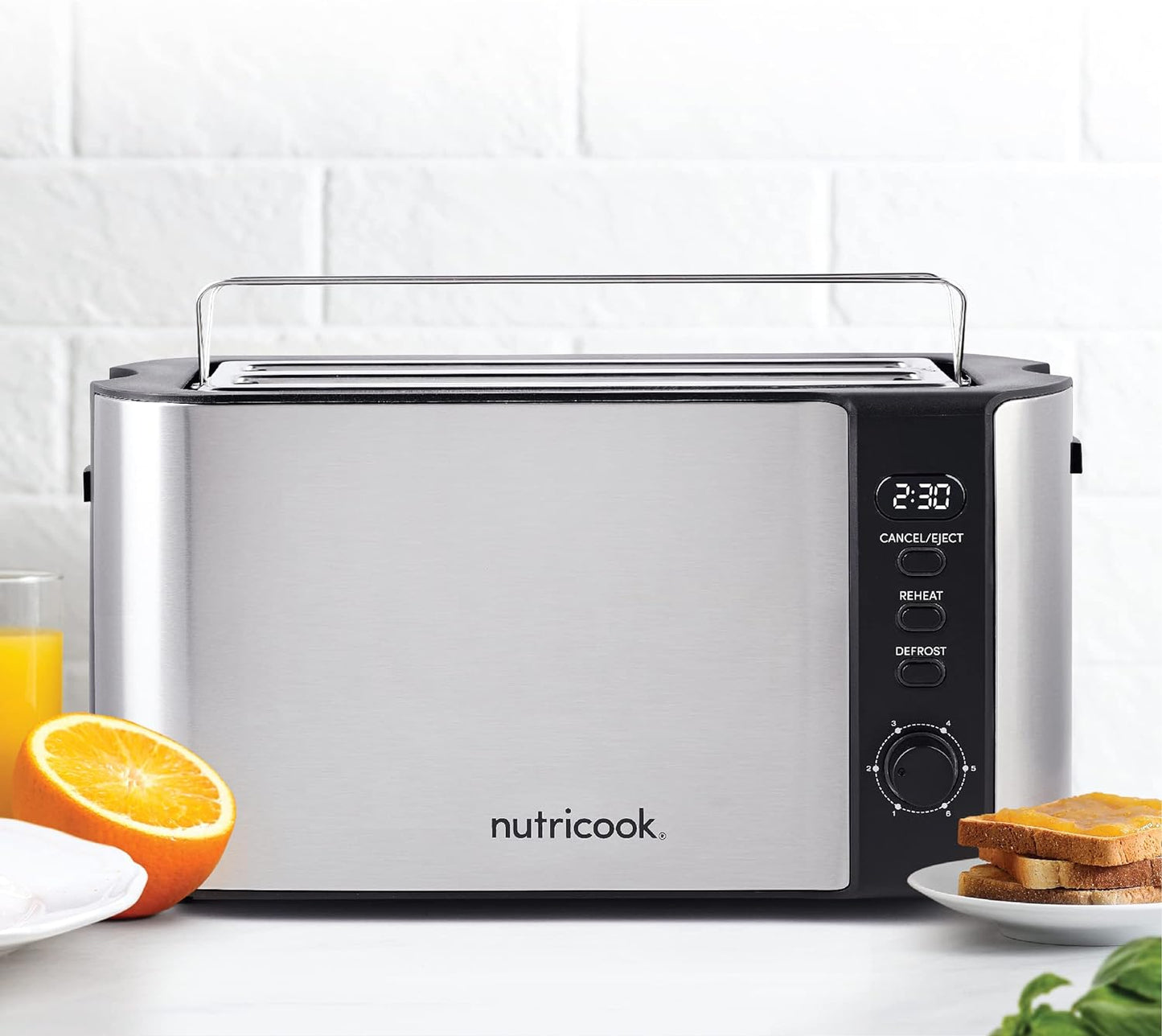 Nutricook Digital 4-Slice Toaster with LED Display, Stainless Steel Toaster with 2 Long & Extra Wide Slots, 6 Toasting Levels, Defrost|Reheat|Cancel,Removable CrumbTray,1500W,T104S, 2 year Warranty"