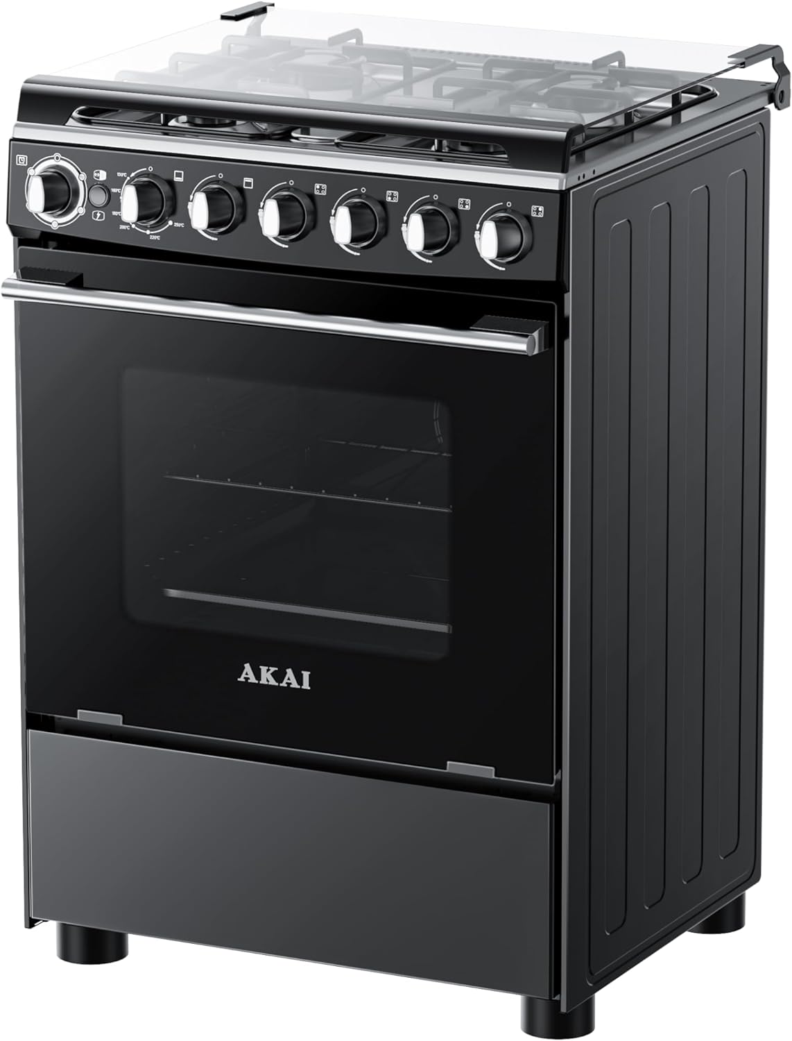 Akai Stainless Steel 4 Gas Burner Full Safety Freestanding Cooking Range (60X60 cm), Cast Iron Support, Double Glass Oven Door, Auto Ignition, Mechanical Timer Function, CRMA-M606BFS