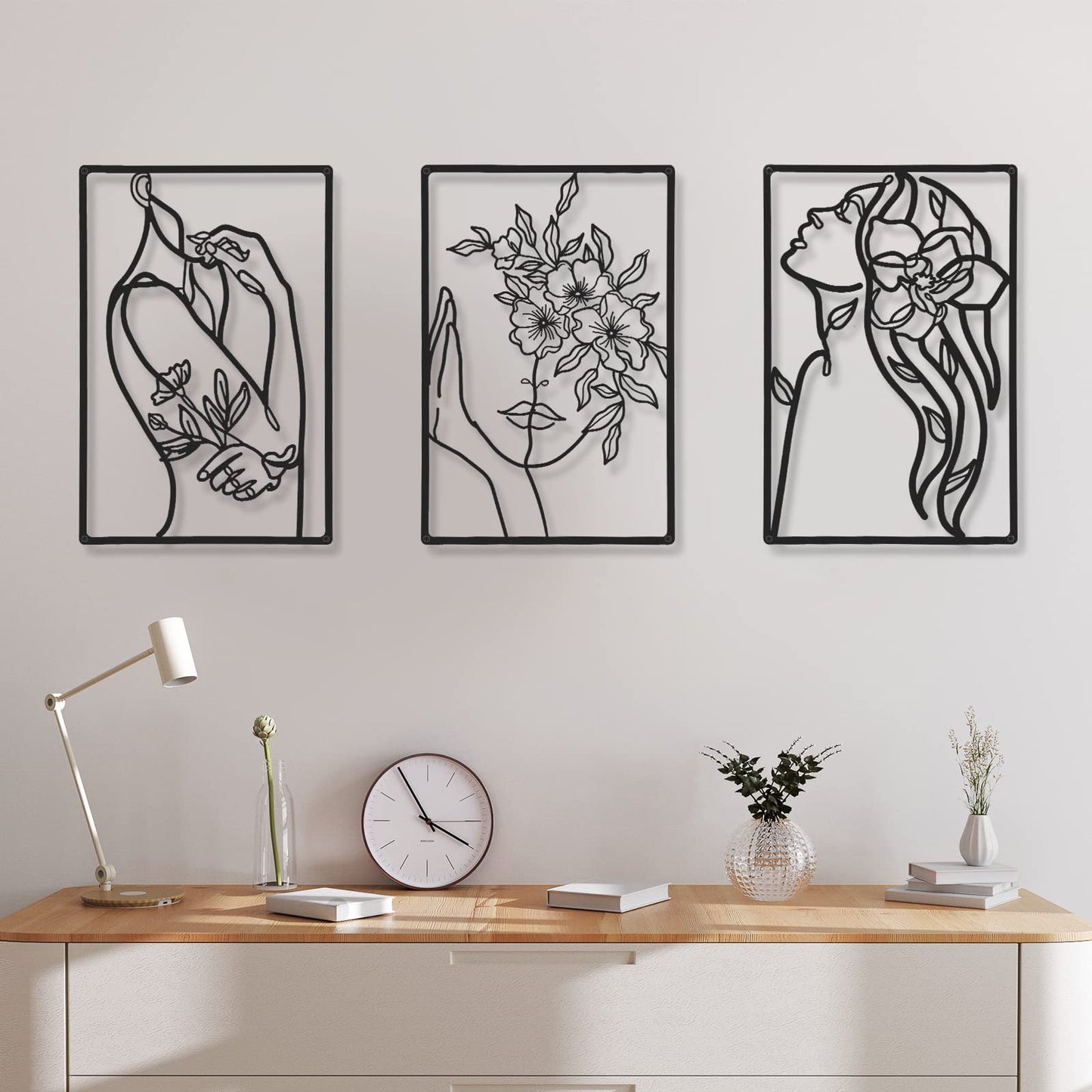 CHENGU 3 Pieces Metal Minimalist Abstract Woman Wall Art Line Drawing Wall Art Decor Single Line Female Home Hanging Wall Art Decor for Kitchen Bathroom Living Room (Black, Hand)