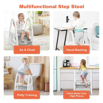 U-HOOME Kids Step Stool Toddler Step Stool for Kids Toddlers Two Step Standing Tower for Bathroom Sink Kitchen Counter Toilet Potty Stool Step Ladder Learning Helper with Handles Round Armrest (Blue)