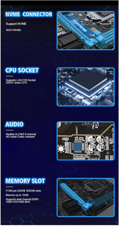 LGA 1150 Motherboard, Dual Channel DDR3 M.2 NVMe NGFF SATA, Mini Itx Motherboard, 6Gb/s PCIe Slot LGA 1150 Micro ATX PC Motherboard for Core