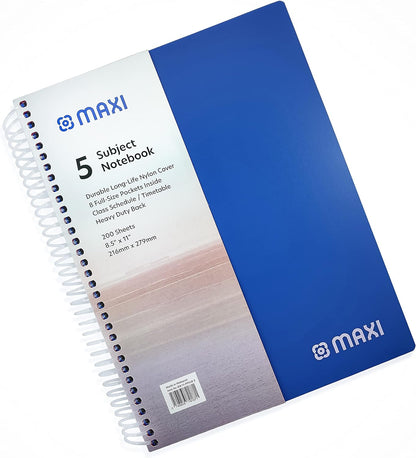 Maxi Spiral Polypropylene 5 Subject Notebook 12.5 cm X 21.6 cm 200 Sheets, Assorted, Ppsub5