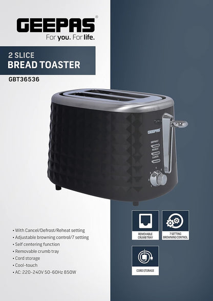 Geepas 850W 2 Slice Bread Toaster AdjUStable 7 Browning Control Pop Up With Removable Crumb Collection Tray, Black, Gbt36536"Min 1 year manufacturer warranty"