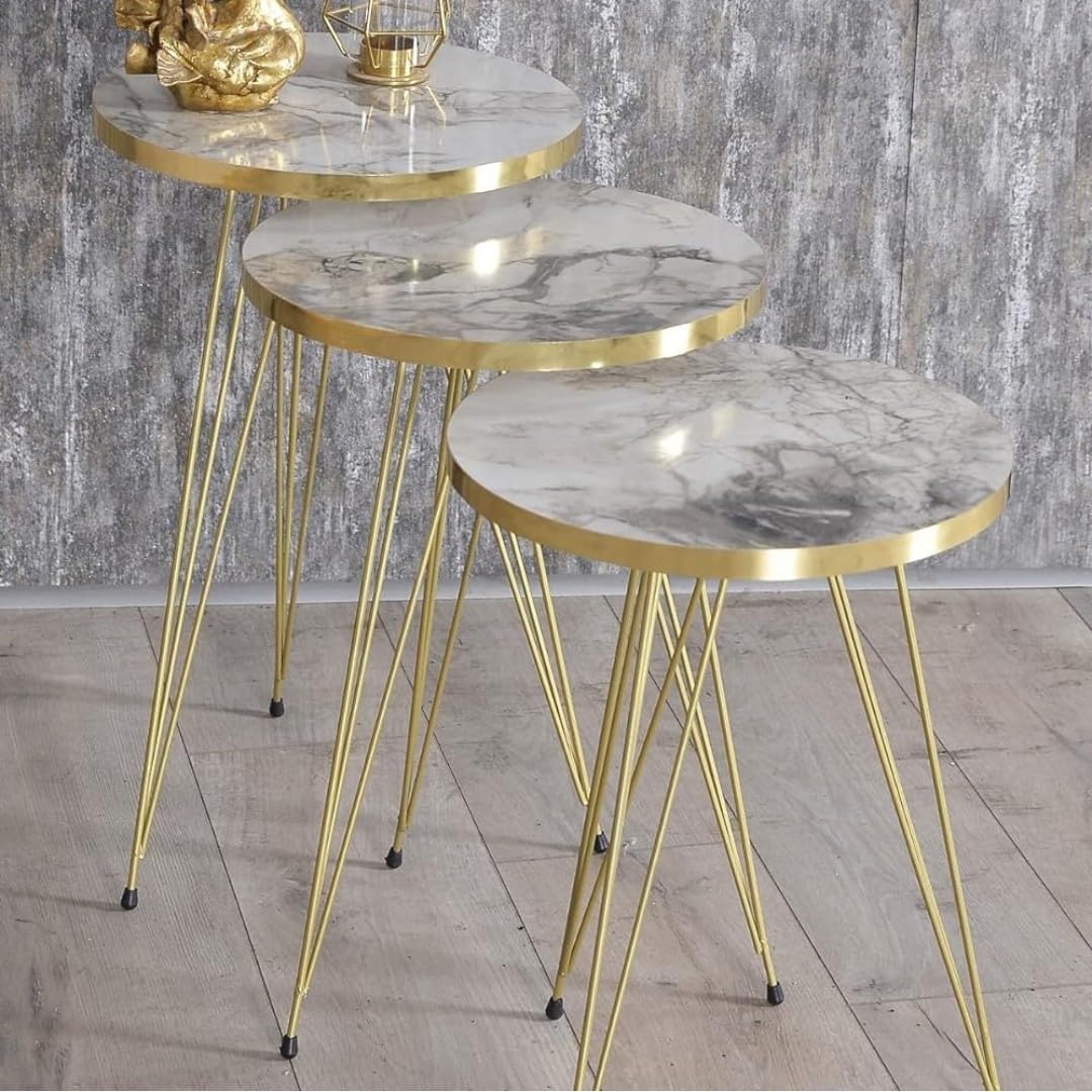 LHFHOMT- Round Coffee table set Nesting Coffee Table Set of 3 Pieces, Wooden Top, Gold Metal legs End Table Desk for Living Room, Balcony, Office, Sofa Side (White - Black Lines)